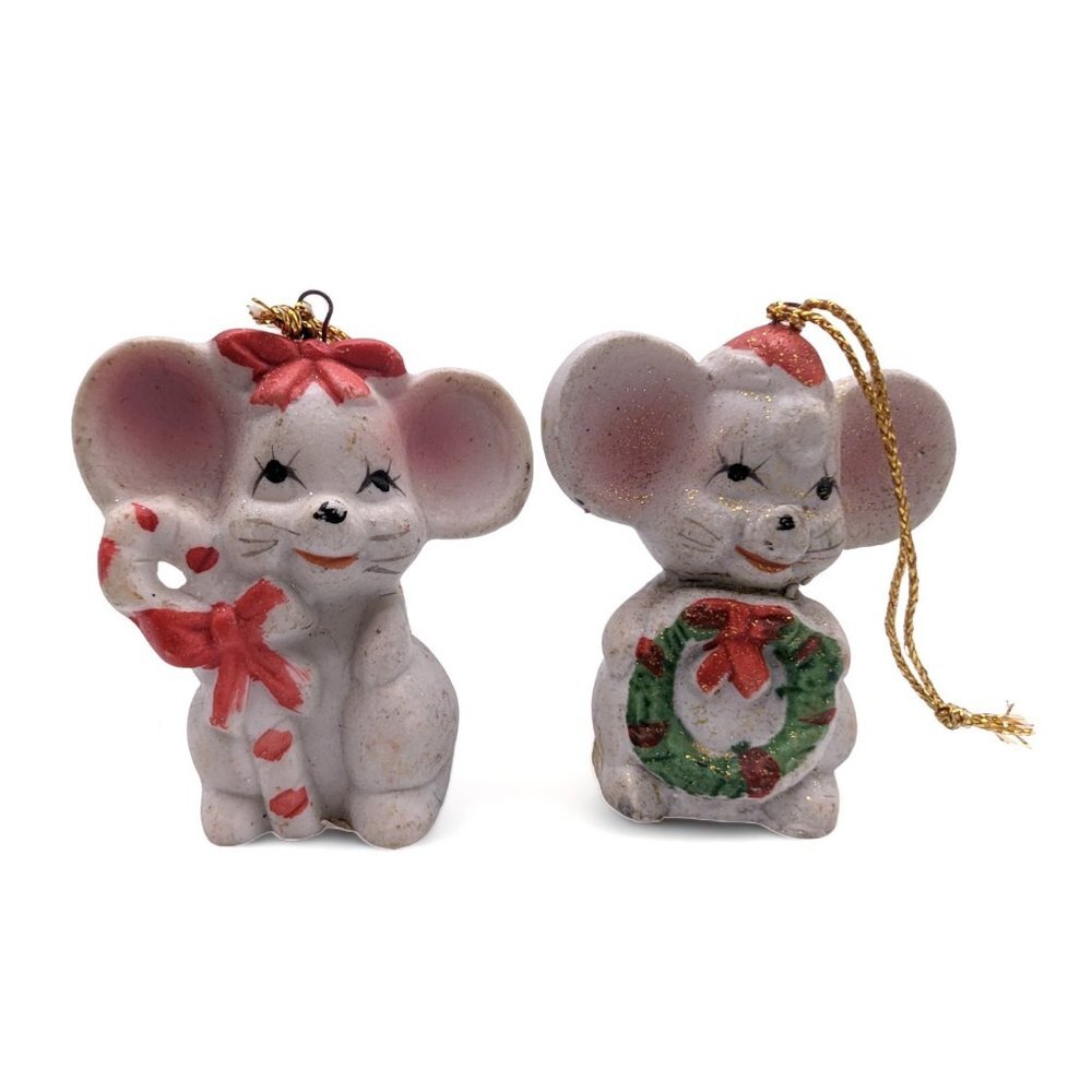 Vintage Around the World porcelain Bisque Christmas Mice Ornaments set of 2